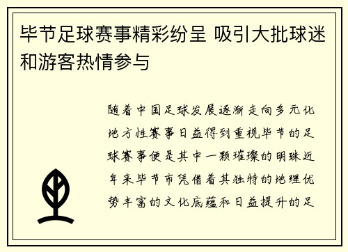 毕节足球赛事精彩纷呈 吸引大批球迷和游客热情参与